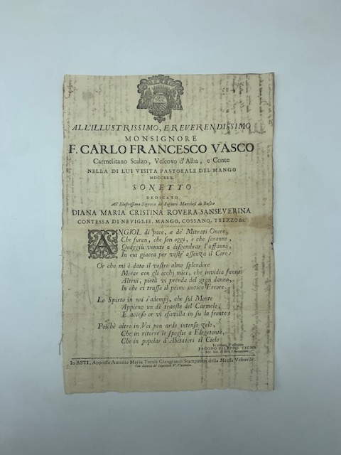 All'Illustrissimo e Reverendissimo Monsignore F. Carlo Francesco Vasco Carmelitano Scalzo, vescovo d'Alba...nella di lui visita pastorale del Mango...